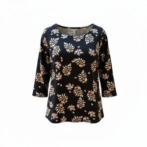 Croft & Barrow Womens 1X Black Leaf Print Boat Neck 3/4 Sleeve Cotton Top Shirt